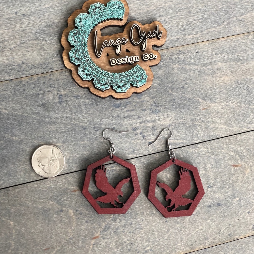 Handmade Wood Stained & Laser Cut Patriotic American Eagle USA Large Earrings